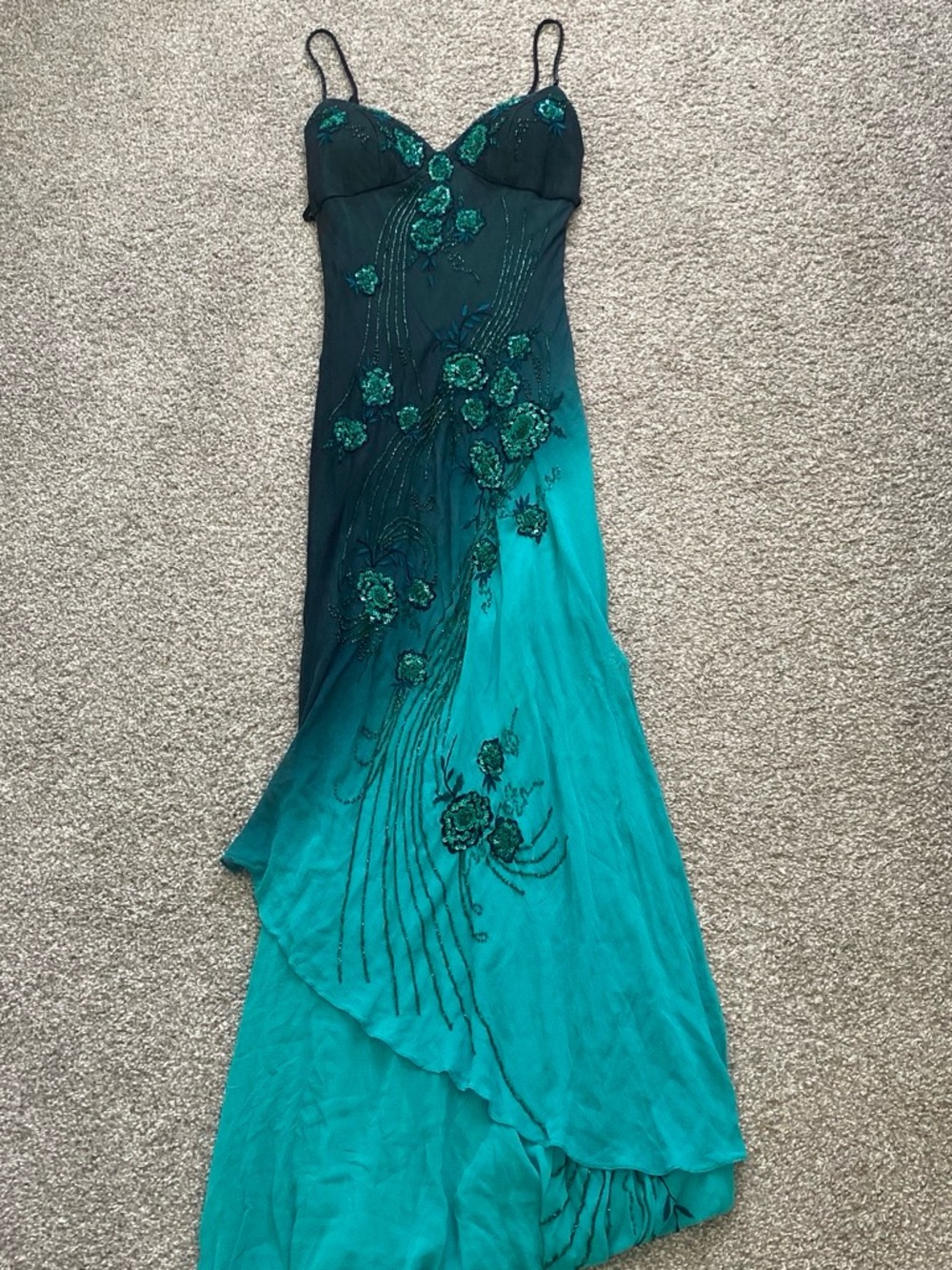 Elegant Teal Ombre Slip Dress with Floral Lace Detail - Picture 5 of 7